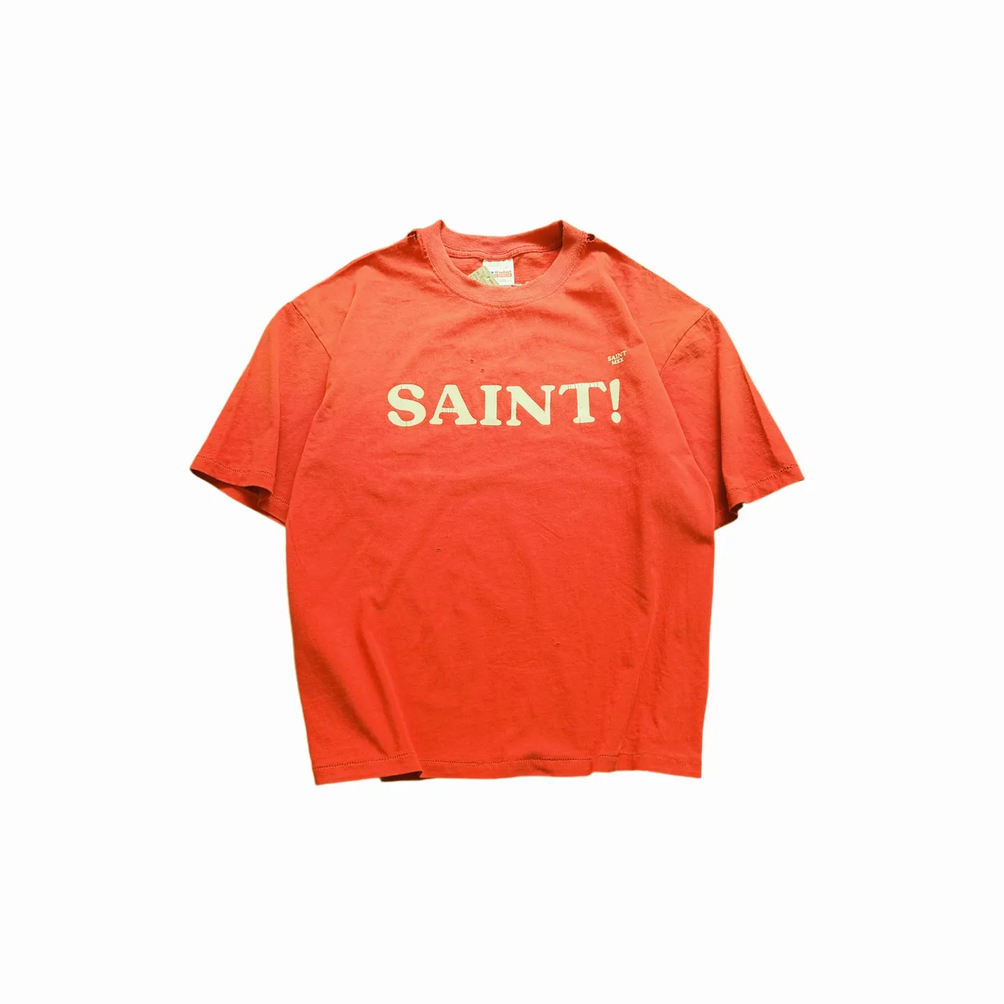 ❥8045 P136 Saint Mxxxxxx red distressed short-sleeve made of pure cotton fabric 290g loose fit process: cracked pulp printing + holes + spray-coded batik fried and washed Size: (S-M-L-XL) Color: washed red